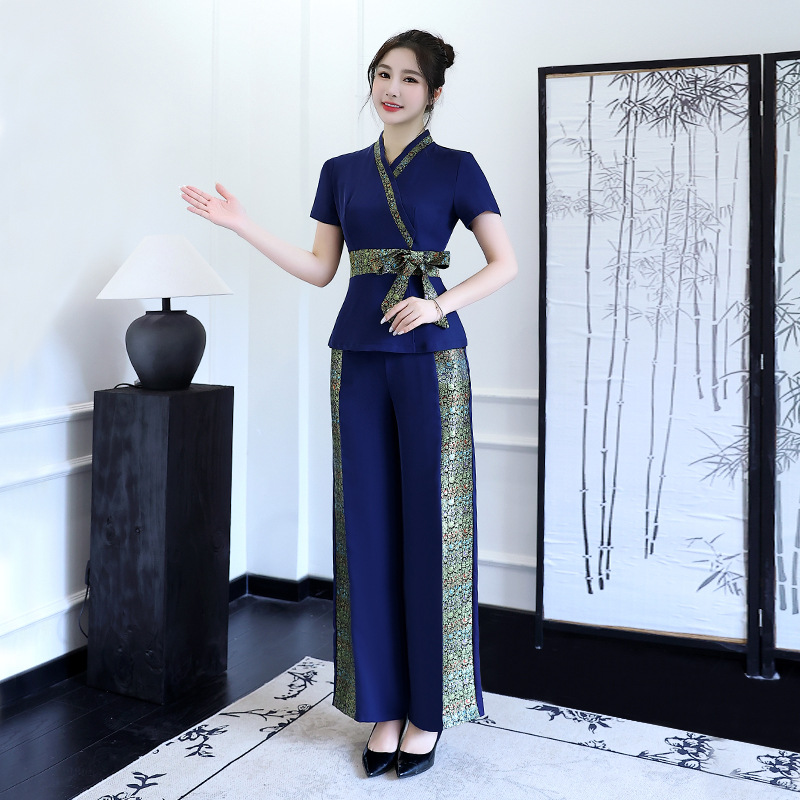 Spa Wellness Thai - ชุดยูนิฟอร์มพนักงานนวดเท้าสปาสำหรับผู้หญิง ศูนย์สุขภาพไทย ชุดทำความสะอาดหู แขนสั้น ผ้าโพลีเอสเตอร์ ชุดเซ็ต