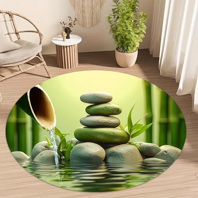 Wellness Spa With Hotel - พรมกลมลายไม้ไผ่เซน พร้อมลวดลายหินและน้ำไหล สำหรับทำสมาธิ โยคะ สปา ผ้าฟลานเนล