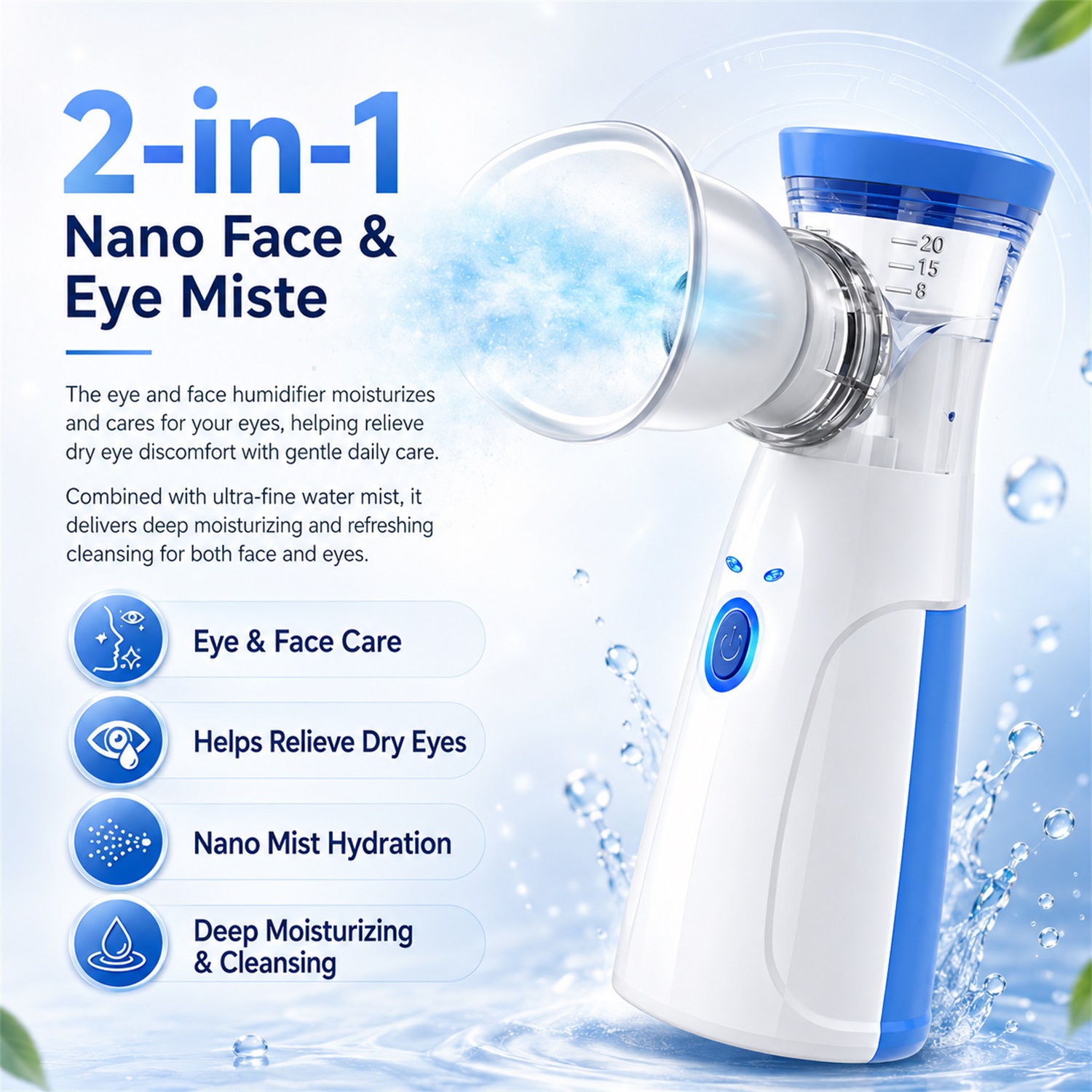 Facial Steamer Nano - เครื่องพ่นไอน้ำนาโนแบบพกพาสำหรับใบหน้า, เครื่องพ่นไอน้ำอเนกประสงค์สำหรับดวงตาและใบหน้า, อุปกรณ์ดูแลผิวให้ชุ่มชื้น